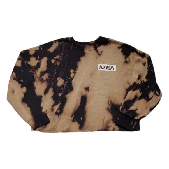 Tie Dye Cropped Nasa Sweatshirt Black & Brown Crew Neck Boxy Retro Fall - M - Picture 1 of 6